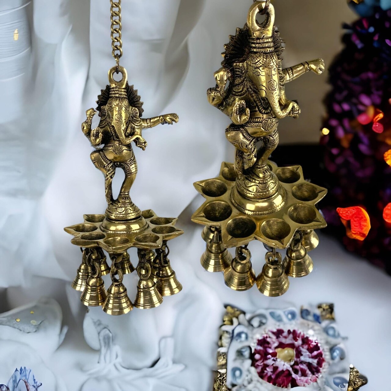 Brass Ganesha Wall Hanging Diya with Bells Ganesh Hanging Idol Oil Lamp Diya for Home Temple Mandir Office Diwali Decor Kathu Vilakku Puja Diyas - Deepawali Housewarming Return Gifts